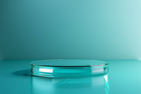 Polished glass product display podium on a vibrant cyan background: Modern and sleek, ideal for high-end cosmetics or luxury jewelry, the glass podium and cyan background create a contemporary and energetic lookの素材