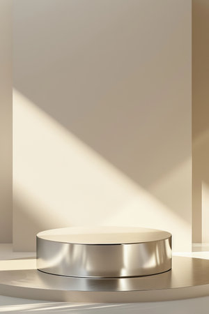 Shiny chrome product display podium on a soft cream background: Modern and striking, ideal for high-tech gadgets or trendy designs, the chrome podium and cream background create a sophisticated and contemporary vibeの素材