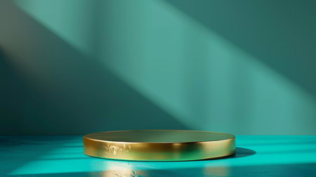 Shiny brass product display podium on a vibrant turquoise background: Luxurious and elegant, perfect for premium products or fine jewelry, the brass podium and turquoise background create a sophisticated and striking atmosphereの素材