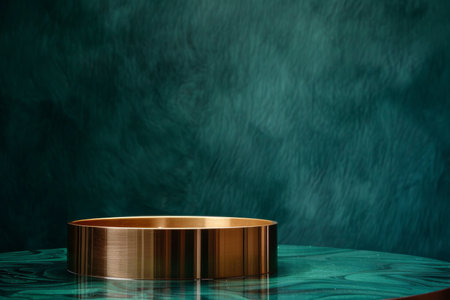 Shiny brass product display podium on a rich emerald green background: Luxurious and elegant, ideal for premium watches or fine jewelry, the brass podium and emerald background create a sophisticated and opulent atmosphereの素材