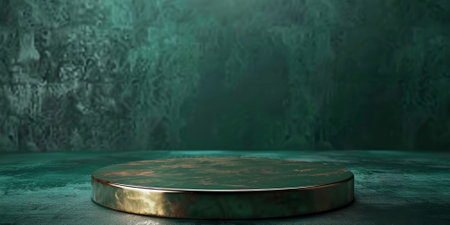 Shiny brass product display podium on a dark emerald background: Luxurious and modern, ideal for high-end accessories or premium watches, the brass podium and emerald background create a sophisticated and stylish atmosphereの素材