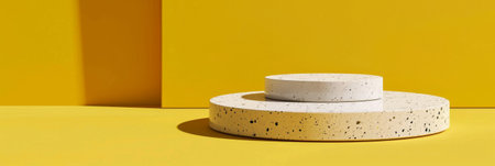 Smooth ceramic product display podium on a vibrant yellow background: Modern and eye-catching, perfect for trendy accessories or contemporary home decor, the ceramic podium and yellow background create a lively and energetic lookの素材
