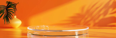 Smooth glass product display podium on a bright orange background: Modern and eye-catching, ideal for trendy accessories or vibrant products, the glass podium and orange background create a lively and dynamic lookの素材