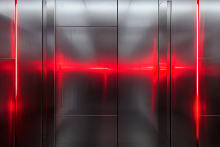 Smooth silver metal panels with pulsating red light strips: Industrial and bold, great for tech presentations or modern product displays, the silver panels and red lights evoke a powerful and advanced settingの素材