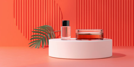 Smooth glass product display podium on a bright coral background: Modern and sleek, ideal for high-end beauty products or trendy accessories, the glass podium and coral background create a lively and contemporary lookの素材
