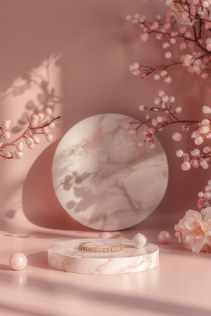 Smooth marble product display podium on a pale pink background: Elegant and refined, perfect for luxury beauty products or fine jewelry, the marble podium and pink background create a sophisticated and delicate settingの素材