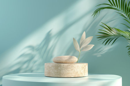 Smooth sandstone product display podium on a pastel blue background: Natural and serene, perfect for wellness products or organic cosmetics, the sandstone podium and blue background create a calming and pure atmosphereの素材