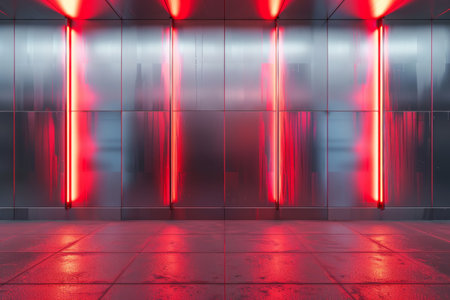 Smooth silver metal panels with pulsating red light strips: Industrial and bold, great for tech presentations or modern product displays, the silver panels and red lights evoke a powerful and advanced settingの素材