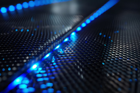 Textured carbon fiber with blue glowing streaks: Industrial and techy, great for high-tech designs or modern product displays, the carbon fiber and blue streaks create a dynamic and advanced settingの素材