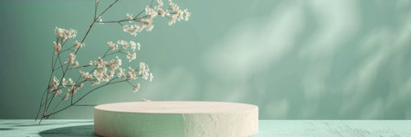 Textured canvas product display podium on a soft mint green background: Artistic and inviting, perfect for handmade goods or artisanal products, the canvas podium and mint green background create a warm and creative atmosphereの素材