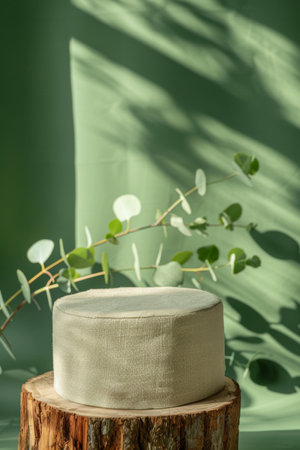 Textured fabric product display podium on a soft green background: Cozy and natural, ideal for eco-friendly products or handmade crafts, the fabric podium and green background create a warm and inviting settingの素材