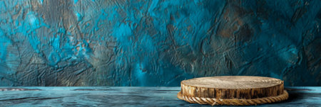 Textured rope product display podium on a nautical blue background: Rustic and nautical, perfect for beach-themed products or maritime decor, the rope podium and blue background evoke a sense of the sea and adventureの素材
