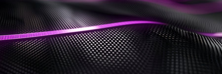 Textured carbon fiber with purple glowing streaks: Industrial and dynamic, perfect for high-tech designs or modern product displays, the carbon fiber and purple streaks create a powerful and advanced atmosphereの素材