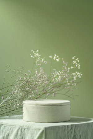 Textured fabric product display podium on a soft green background: Cozy and natural, ideal for eco-friendly products or handmade crafts, the fabric podium and green background create a warm and inviting settingの素材