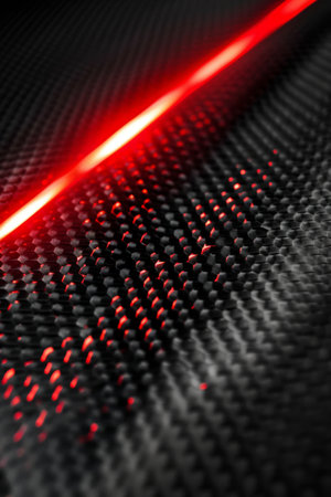 Textured carbon fiber with red glowing streaks: Industrial and dynamic, ideal for high-tech designs or modern product displays, the carbon fiber and red streaks create a powerful and advanced atmosphereの素材