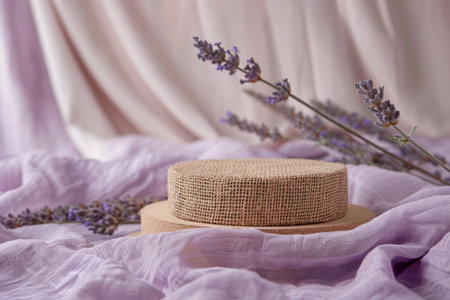 Textured hemp product display podium on a light lavender background: Natural and rustic, perfect for sustainable products or handmade crafts, the hemp podium and lavender background evoke a sense of eco-friendliness and eleganceの素材