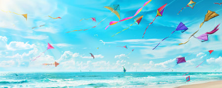 Beach background with colorful kites flying high in the sky.の素材