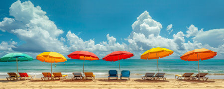 Beach chairs and umbrellas on the beach. Panoramaの素材