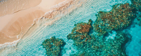 Beach background with white sandy shore and vibrant coral reefs visible in the water.の素材
