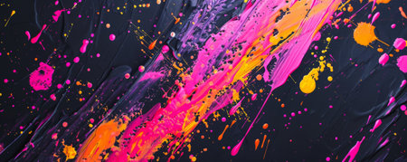 Bright background with bold, fluorescent paint splatters on black.の素材