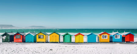 Beach background with bright, colorful beach huts lined up along the shore.の素材
