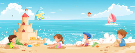 Beach background with children building sandcastles and playing in the surf.の素材
