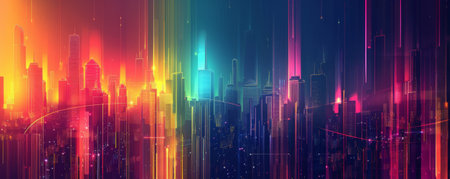Bright background with a dynamic, abstract cityscape in vibrant colors.の素材