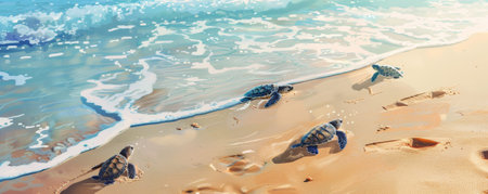 Beach background with sea turtles hatching and making their way to the ocean.の素材
