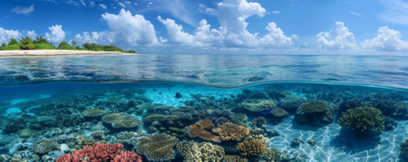Beach background with white sandy shore and vibrant coral reefs visible in the water.の素材