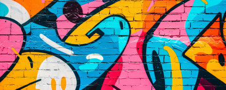 Colorful graffiti on a brick wall. Abstract background for design.の素材