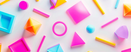 Bright background with neon-colored geometric shapes on a white base.の素材