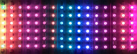 Colorful LED strip lights on a dark background. 3d renderingの素材