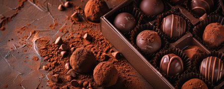 Box of delicious chocolate candies and cocoa powder on wooden table, closeupの素材