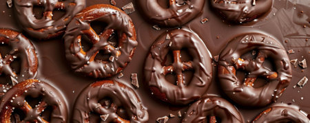 Delicious chocolate donuts with chocolate glaze, panoramic shotの素材