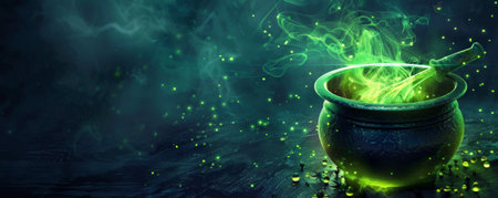 Halloween background with a cauldron bubbling with green, glowing potion.の素材