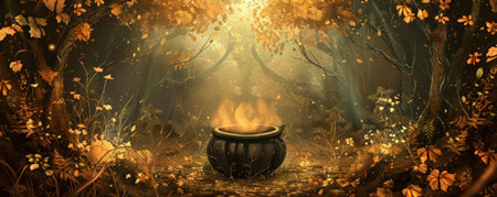Halloween background with a cauldron in the middle of an enchanted forest clearing.の素材