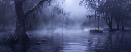 Halloween background with a dark, foggy swamp and mysterious lights in the distance.の素材