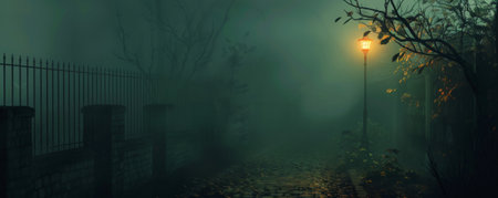 Halloween background with a foggy alleyway lit by a single flickering streetlamp.の素材