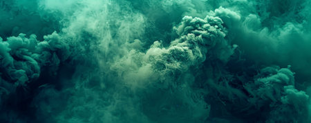 Smoke background with dense, dark green smoke creating a mysterious atmosphere.の素材