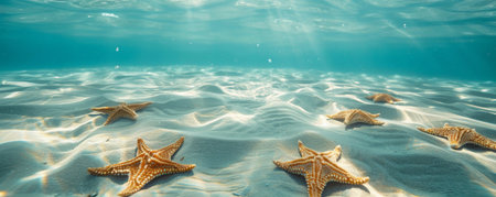 Underwater background with a sandy ocean floor dotted with starfish.の素材