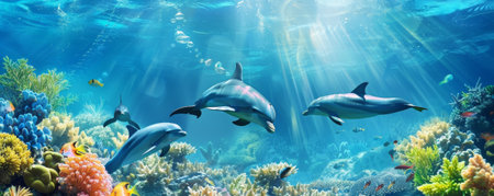Underwater background with a playful dolphin pod in turquoise waters.の素材
