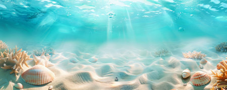 Underwater background with a peaceful, sandy seabed and scattered shells.の素材