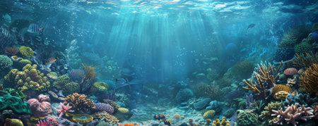 Underwater background with a bustling underwater ecosystem and various coral species.の素材