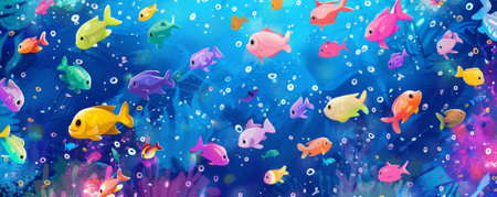 Underwater background with schools of tropical fish in every color of the rainbow.の素材