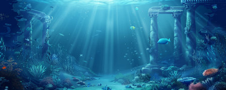 Underwater background with mysterious underwater ruins and abundant sea life.の素材