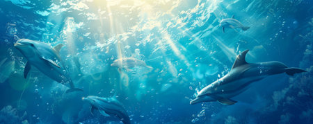 Underwater background with a group of dolphins playing in sunlit waters.の素材