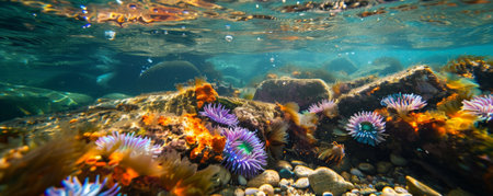 Underwater background with a rocky seabed and small, colorful anemones.の素材