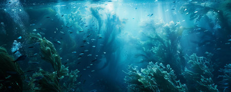 Underwater background with vast kelp forests and small fish weaving through.の素材