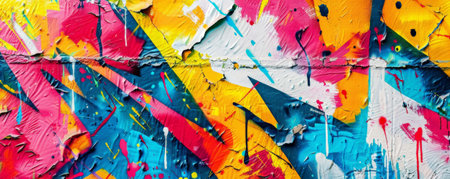 A colorful graffiti wall background with bold splashes of paint and urban textures. The rough, layered surface gives an edgy, street art vibe.の素材