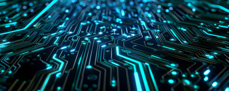 A futuristic circuit board background with intricate blue and green lines on a black matte surface. Glowing elements and metallic textures highlight the technological theme.の素材